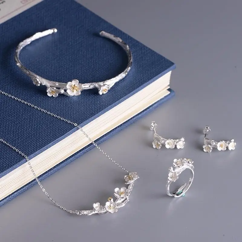 one set ANENJERY 925 пробы серебряные Ювелирные наборы Сакура цветок сливы ожерелье+ серьги+ кольцо+ браслет для женщин подарок - Окраска металла: one set
