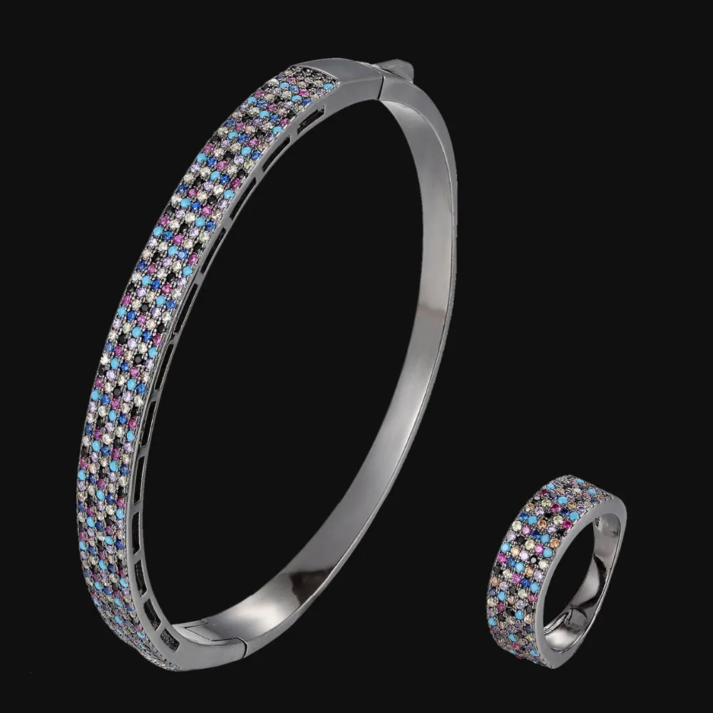 Zlxgirl New arrival colorful cubic zircon micro pave setting bangle bracelet with ring wedding jewelry sets brand copper | Украшения и