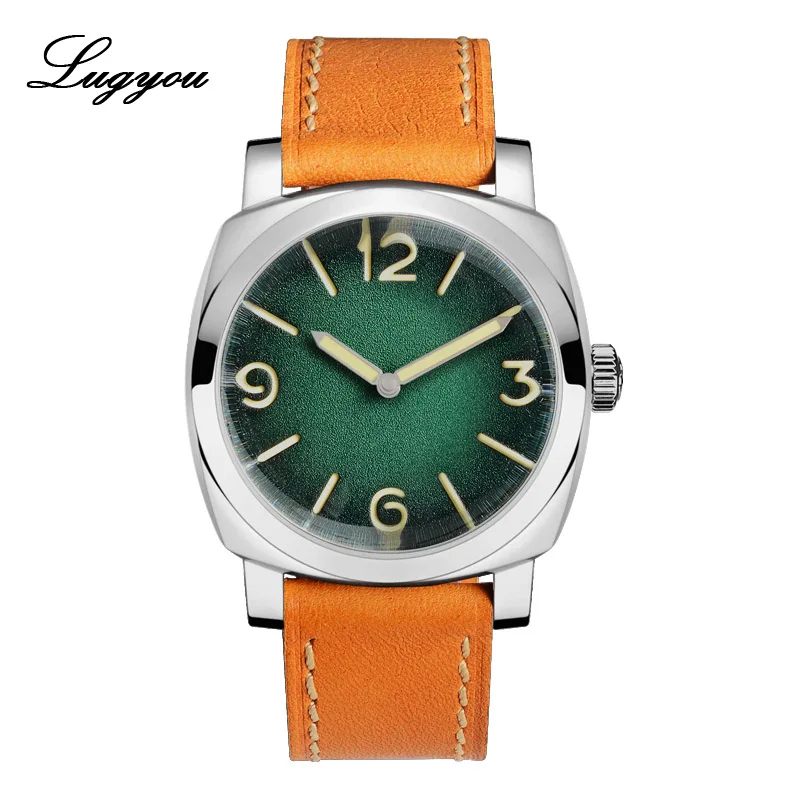 Arabic Green Lugyou San Martin, автоматические мужские часы, винтажные, из нержавеющей стали, в форме подушки, кожаный ремешок, 200 м, водонепроницаемые, минеральные пузыри - Цвет: Arabic Green