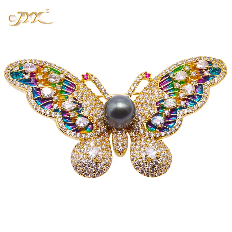 

JYX Vintage Brooch Butterfly Brooches 9mm natural Peacock-green Tahitian Pearl Pin Pendant women Christmas gift fine enamel pins