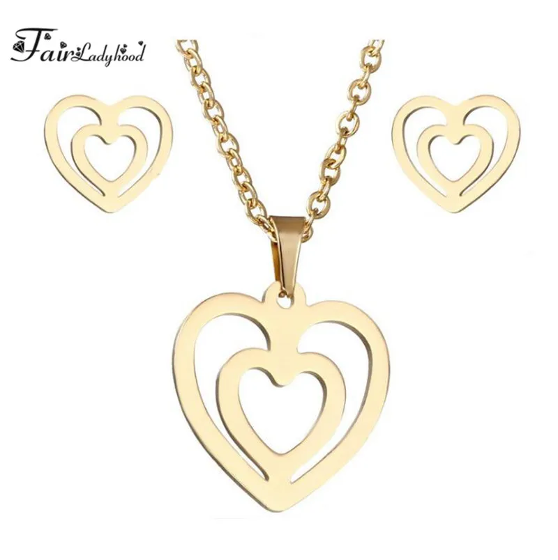 Fairladyhood Double Heart Sweater Chain Necklace and Cute ouble Earrings Custom Stainless Steel Girl Jewelry Set | Украшения и