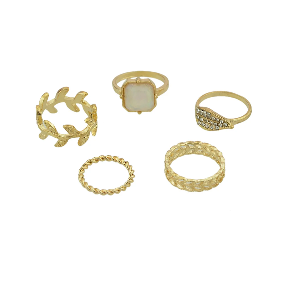 5pcs/set Ethnic Jewelry Boho Chic Gold-Color with Rhinestone Geometric Circle Leaf Pattern Finger Rings Set | Украшения и