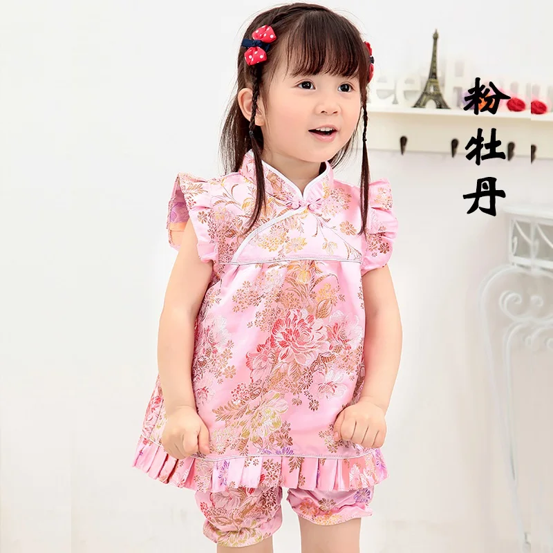 2021 китайские цветочные комплекты Qipao для детей Новогодние платья Короткие штаны