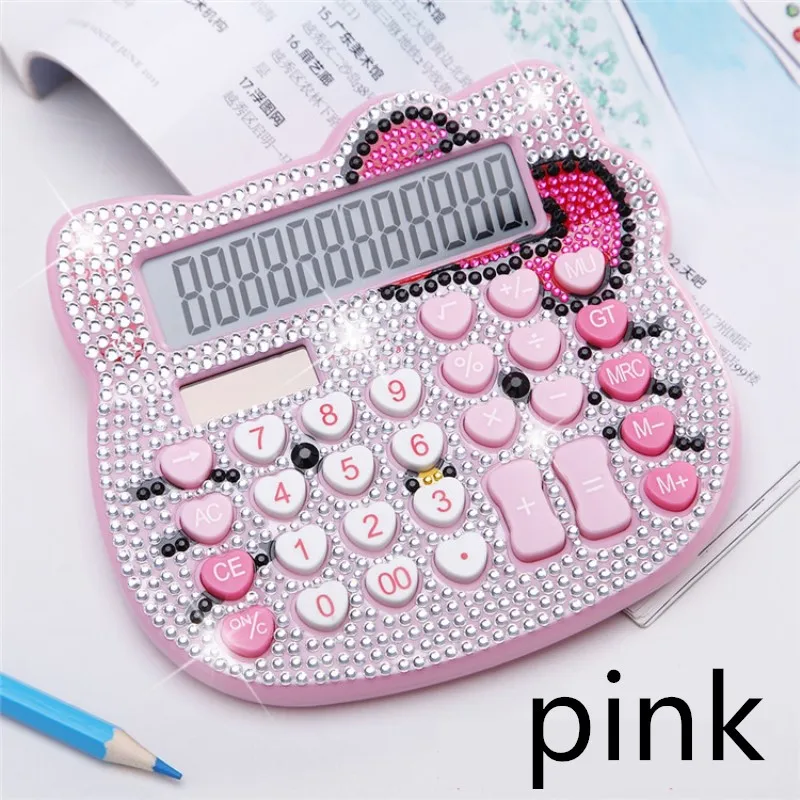 pink Милые Роскошные Стразы, кристалл, бриллиант, Хелло Китти, калькулятор, 12 цифр, солнечный, розовый/белый, двойное питание, Calculadora - Цвет: pink