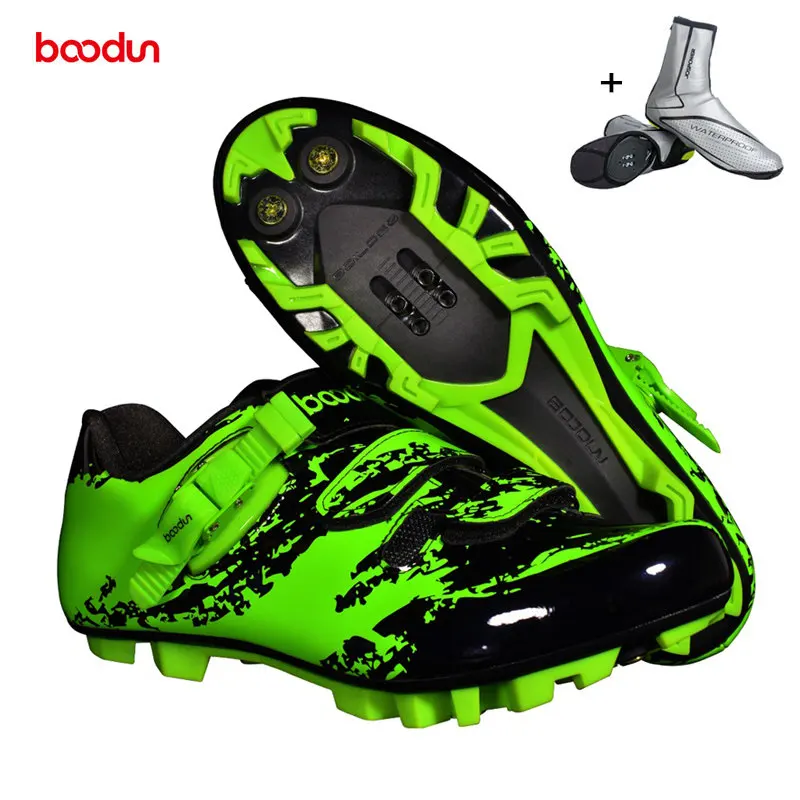 green with overshoes Велосипедные перчатки марки BOODUN обувь мужская велосипедная обувь дышащая MTB Нескользящая велосипедная обувь Спортивные Гонки sapatilha ciclismo самозакрывающиеся кроссовки - Цвет: green with overshoes