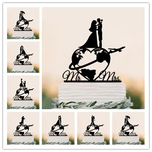 

World Map Wedding Cake Topper, Mr and Mrs Travel World Map Wedding Cake Topper, Mixed Style World Map with Couples Cake Decor