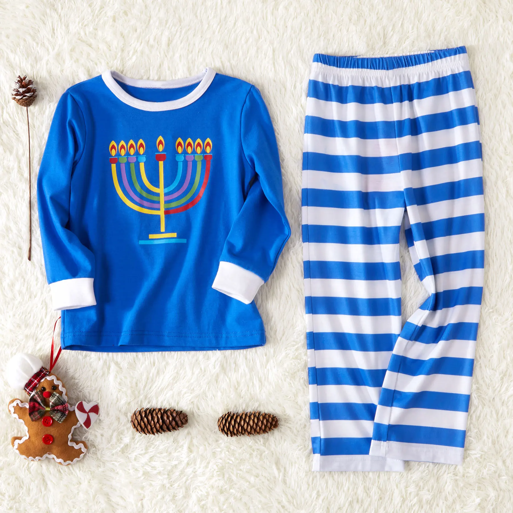 PatPat/осенне-зимние Семейные пижамы для родителей и детей, ханукальные свечи синяя рубашка с длинными рукавами и штаны в полоску, одежда для сна
