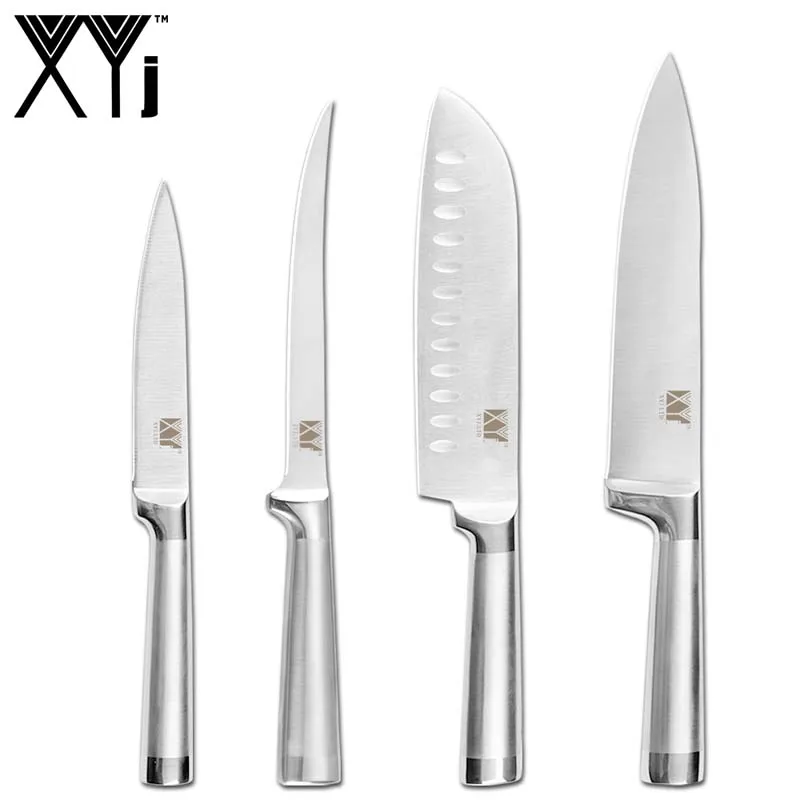 G.4pcs set XYj, набор кухонных ножей из нержавеющей стали, шеф-повара, обвалка для хлеба, Santoku, нож для очистки овощей, точилка, 8 дюймов, подставка для ножей - Цвет: G.4pcs set