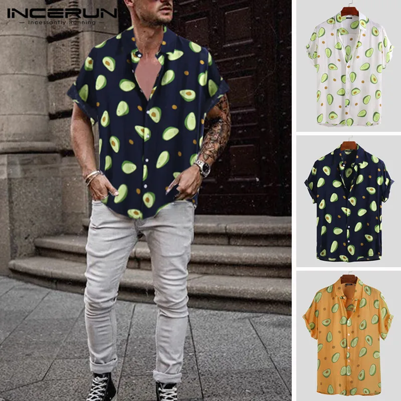 

Рубашка INCERUN мужская с принтом авокадо, короткий рукав, воротник с лацканами, Повседневная пляжная Гавайская одежда, уличная одежда, 5XL, лето ...