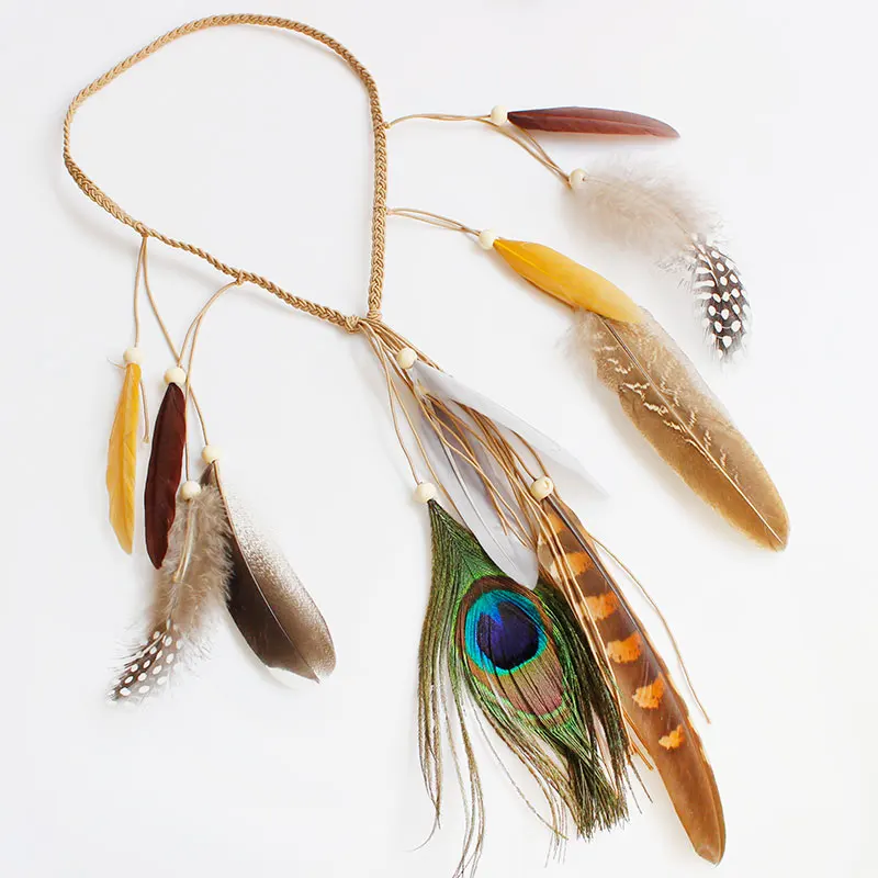 F&ampU New Accessories Hair Band Indian Peacock Feather Pendant Headband Rope Knitted Belt Elastic Hairband | Украшения и