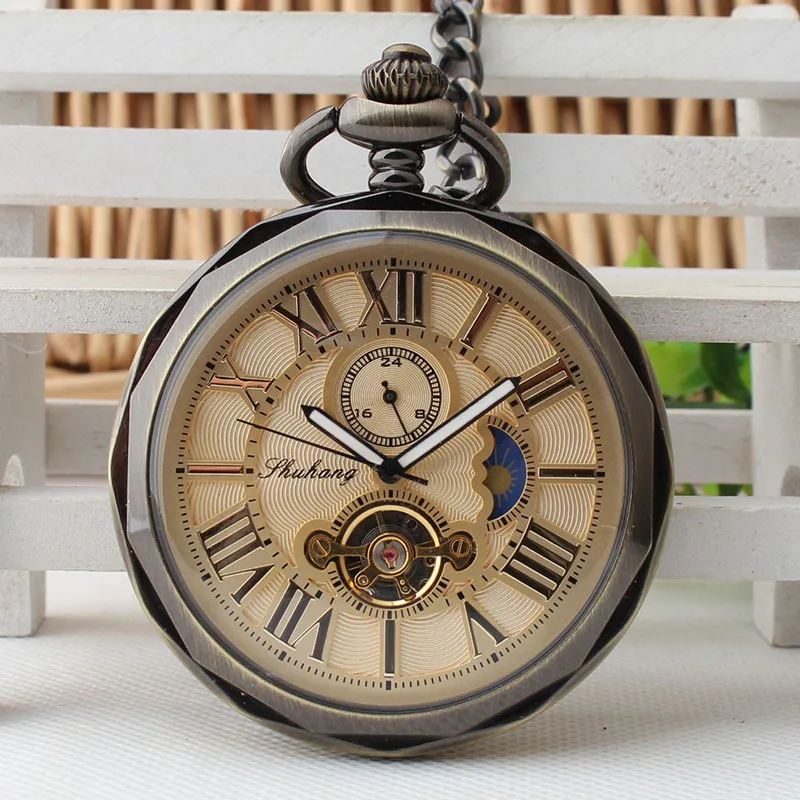 

Vintage Open Face Roman Numbers Pocket Watch Mechanical Fob Clock Chain For Men Women Birthday Gifts PJX1398