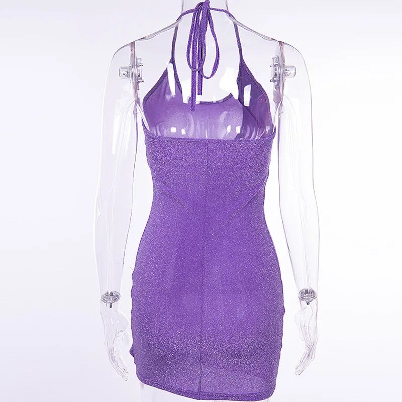 Женское вечернее платье с рюшами блестящее мини-платье лямкой на шее лето-осень