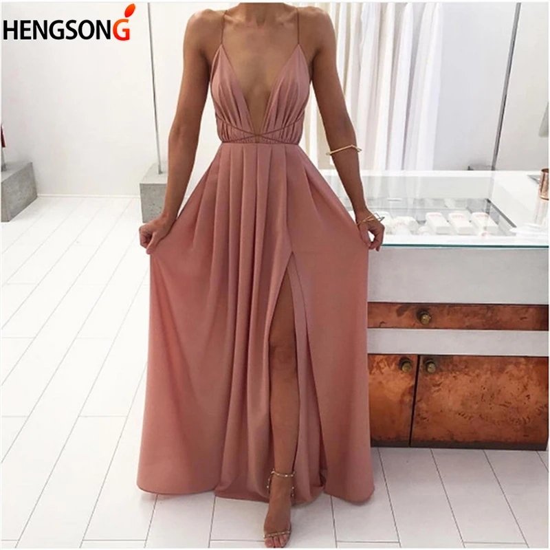 

Simple V-Neck Sleeveless Summer Dress Red Pink White Long Dress High Waist Hem Open Fork Vintage Party Dress Vestido De Festa