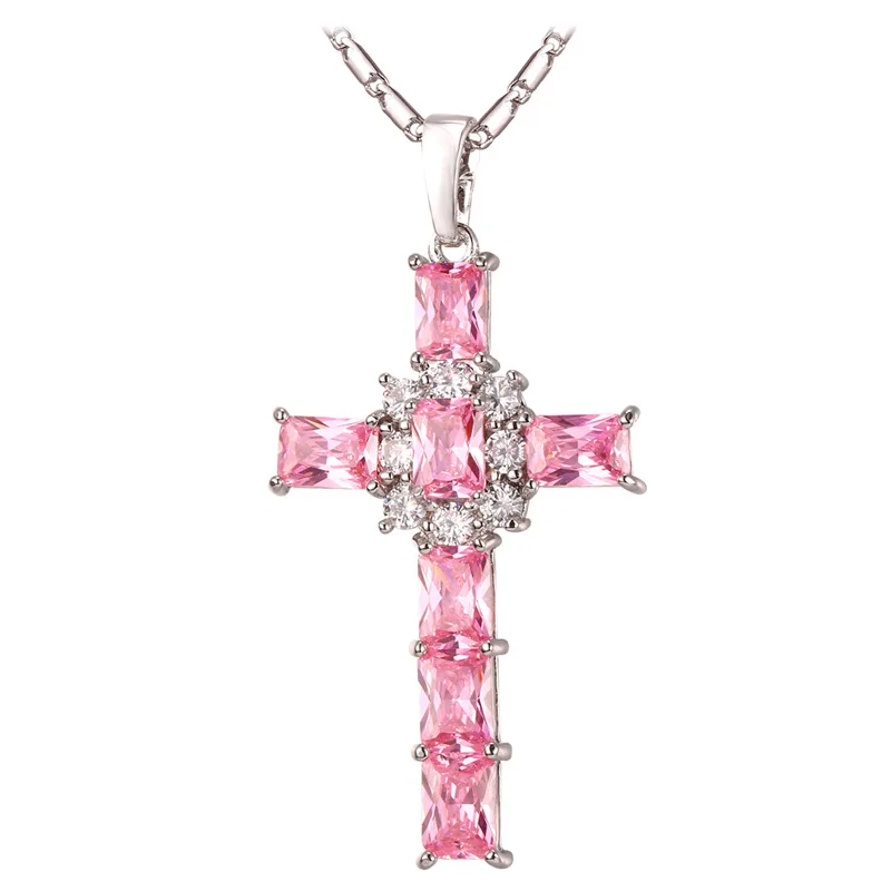 Platinum Pink Ожерелье с кулоном в виде кристалла звездного лорда, кубический цирконий для женщин, религиозное ювелирное изделие, подарок, прозрачное/розовое ожерелье,, P249 - Окраска металла: Platinum Pink