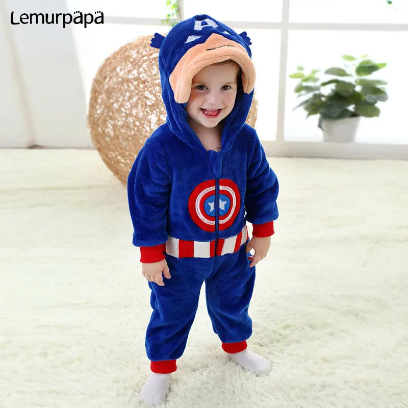 Детская одежда с животными Kugurumi супер герой комбинезон 0-3 лет одежда для малышей с героями мультфильмов для мальчиков и девочек Комбинезон на молнии фланель теплая дутая куртка для младенцев Kawaii костюм - Цвет: captain