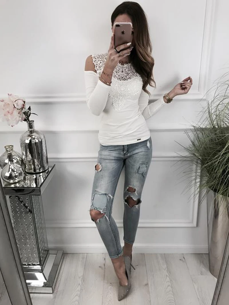 Sweet Lace T-Shirt Women Off The Shoulder Pink Slim Fit Tees Ladies O-Neck Autumn Casual Elegant Tops T-Shirts Women Clothes