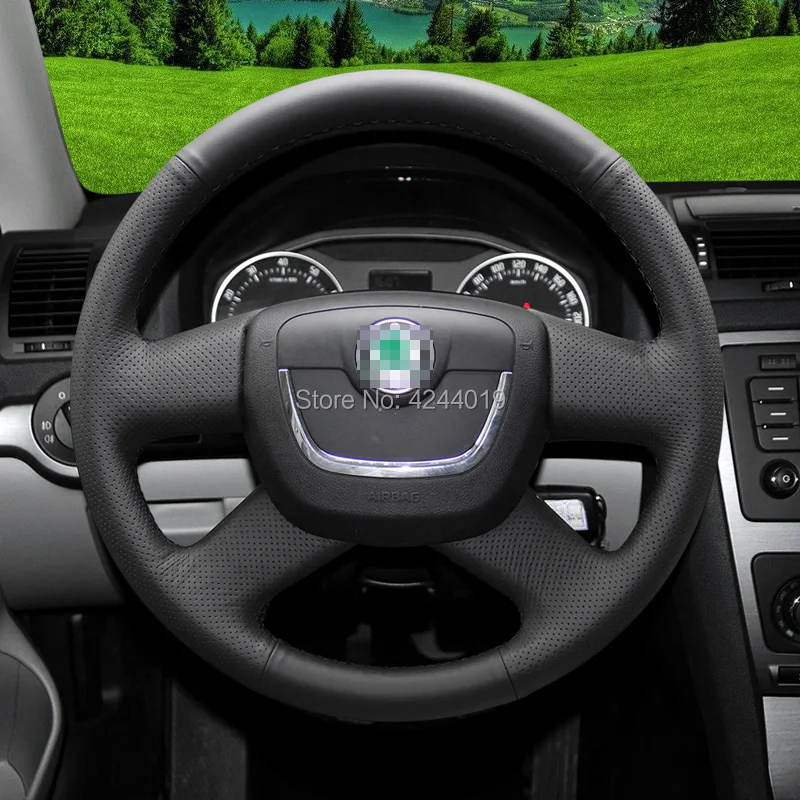 

For Skoda Octavia 2010-13 Superb Sport Black leather DIY Hand Sewing steering wheel cover car accessories