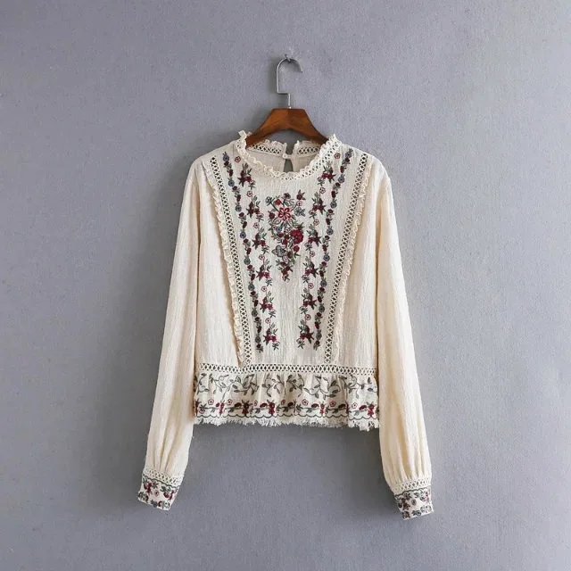 Fashion Spring ZA Style Blouse Women Long Sleeve Floral Embroidery Lace Pacthwork Hollow Out Ruffle Blusas Feminina |