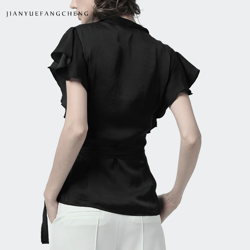 Silk Blouse Women Tunic Tops With Belt Crossed Lace Up Summer Cardigan Short Sleeve Sexy V-Neck Slim Black Women' Shirt