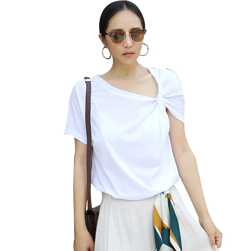 TWOTWINSTYLE Повседневная Однотонная футболка для женщин с круглым вырезом и коротким рукавом, асимметричные футболки большого размера, Женская мода лето