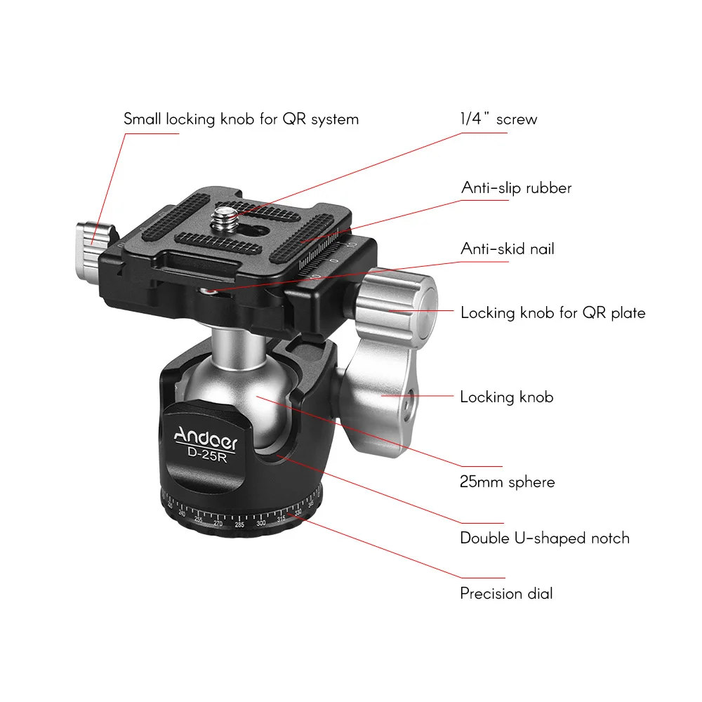 Andoer D 25R с ЧПУ двойная шаровая Головка мини для штатива монопод камер Canon/Nikon/Sony/DSLR