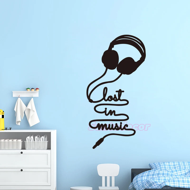 Stickers Design Lost-in-Music-Cuffie Vinyl Wall Decals Removable Mural Art Bedroom Decor Living Room Home Poster | Дом и сад