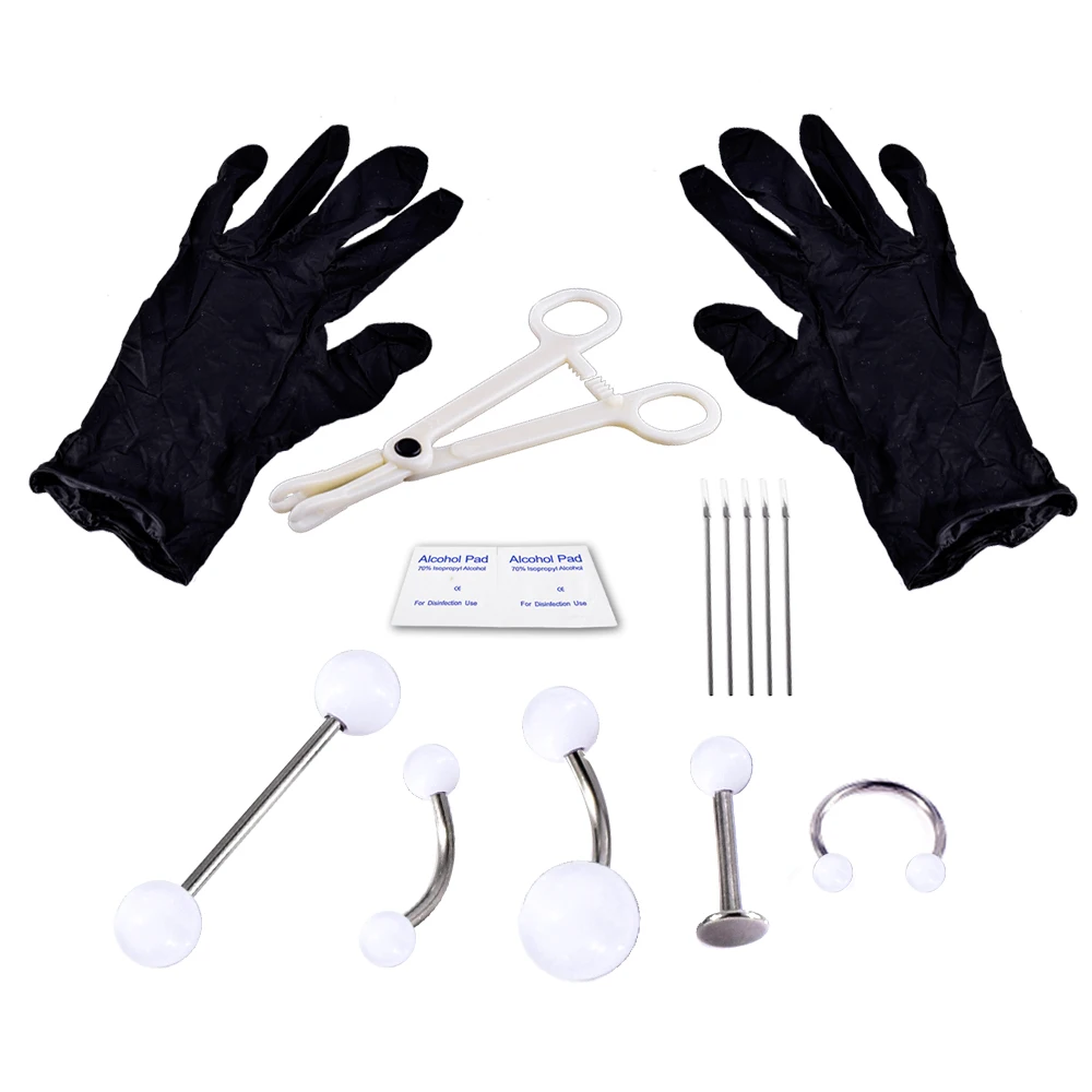 Новые ухо пупок сосок, бровь губы нос кольцо язык иглы для пирсинга комплект шарма ювелирных изделий инструмент для пирсинга тела комплект