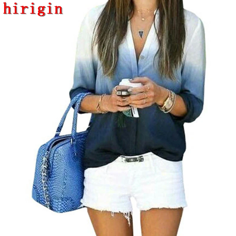 2017 женские повседневные градиентные цветные рубашки с длинным рукавом