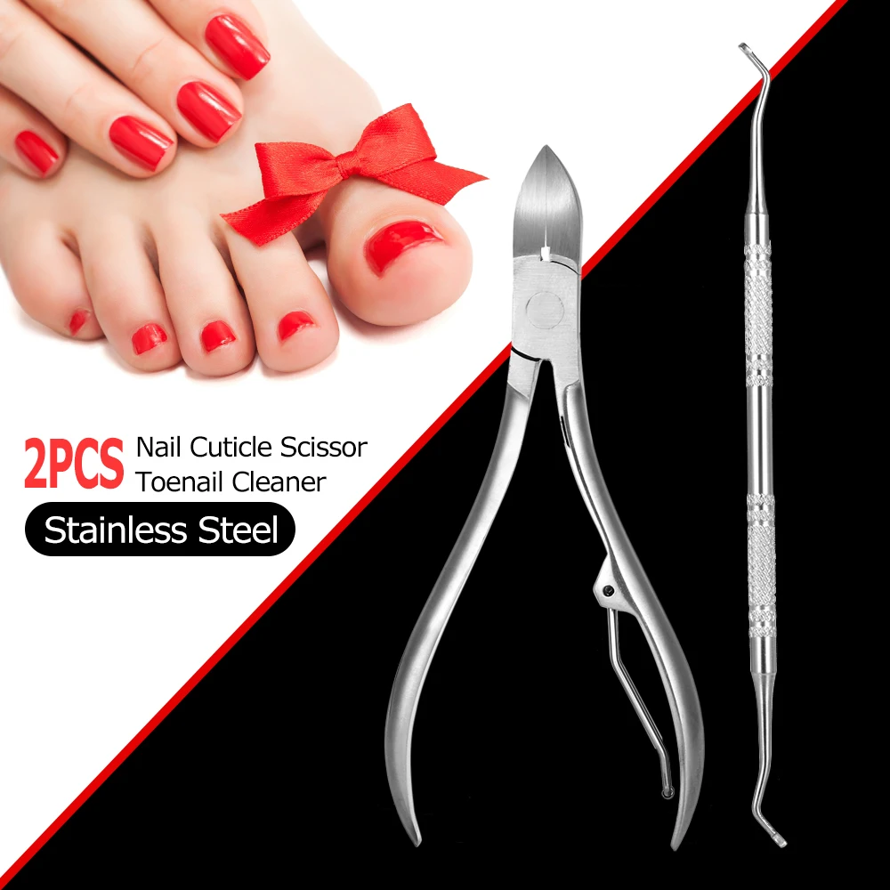 2pcs Stainless Steel Nail Cuticle Scissor + Ingrowing Toenail Cleaner Clippers Nipper Manicure Pedicure Tool | Красота и здоровье