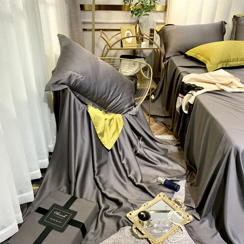 Белый фиолетовый розовый серый роскошный удобный 100S Tencel Шелковый набор постельного белья с вышивкой пододеяльник кровать застежки для простыни льняной чехол для подушки
