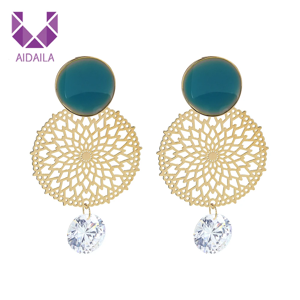 Серьги в богемном стиле с золотым металлическим кубическим цирконием круглые