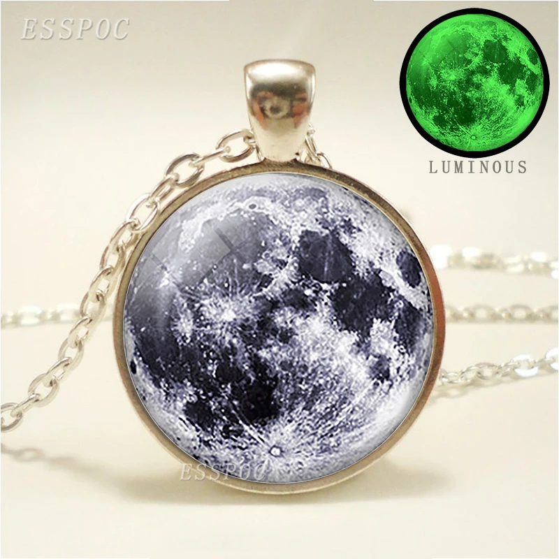 

Glowing In The Dark Galaxy Moon Pendant Necklace for Women Jewelry Luminous Necklace Vintage Silver Color Chain