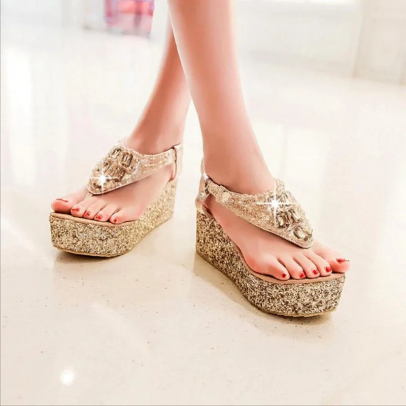

Silver Glitter Jeweled Elegant Sequined Cloth Thong Wedges Sandals Rhinestone Platform Women Summer Carnival Noble Shoes FSJ 9 7