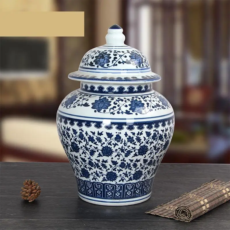 Jingdezhen Blue And White Porcelain temple Jar Antique Vase Large Storage jar Covered With Rice Pickle ceramic | Дом и сад