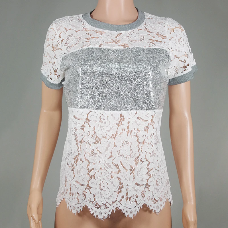 Женская летняя футболка повседневная с коротким рукавом о вырезом кружевная