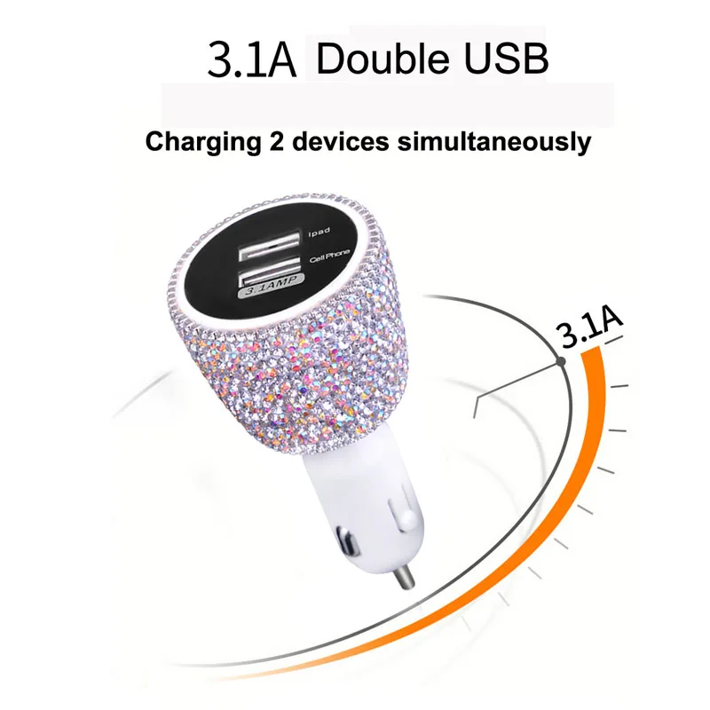 Автомобильное зарядное устройство с кристаллами и стразами двойной USB быстрая