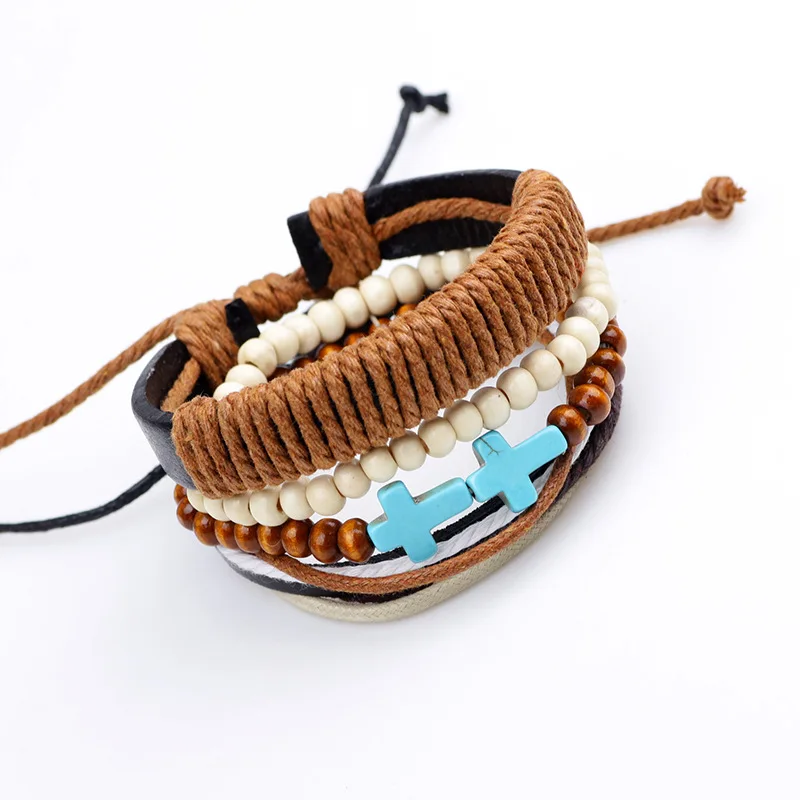 4 шт./компл. Boho Хиппи панк коричневый шнур обернуть узлы кожа бирюза Крест Шарм