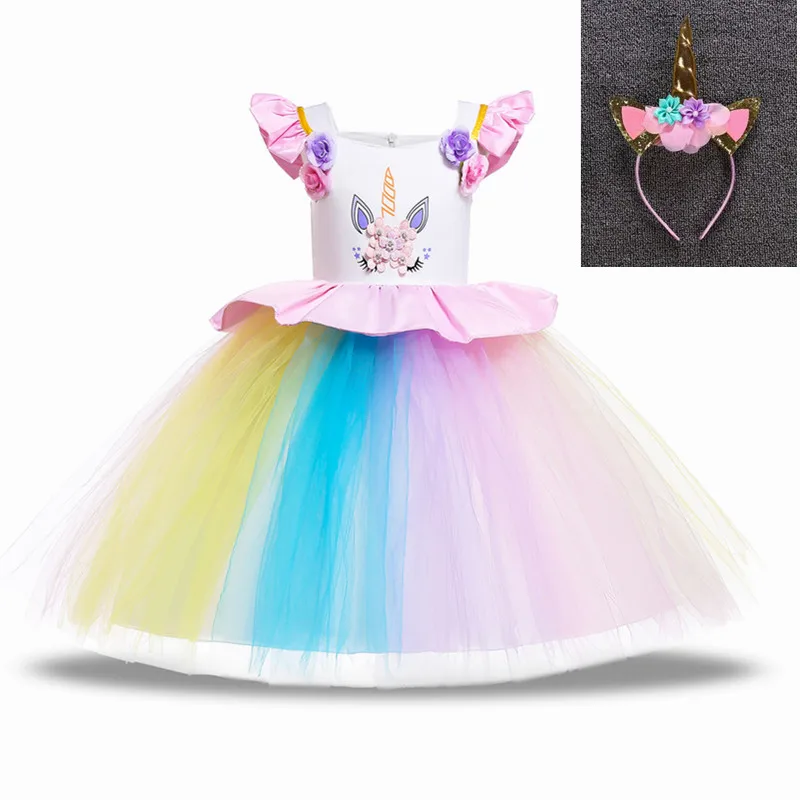 Unicorn Dress Flower Girls Unicorn Tutu Dress Princess Girls Christmas Dress Children Unicorn Party fantasia Girls Dress - Цвет: pink and headdress