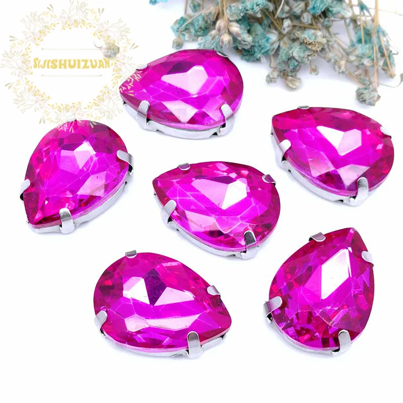 Розовая вода форма капли Хрустальное стекло пришивные стразы с когтями платья