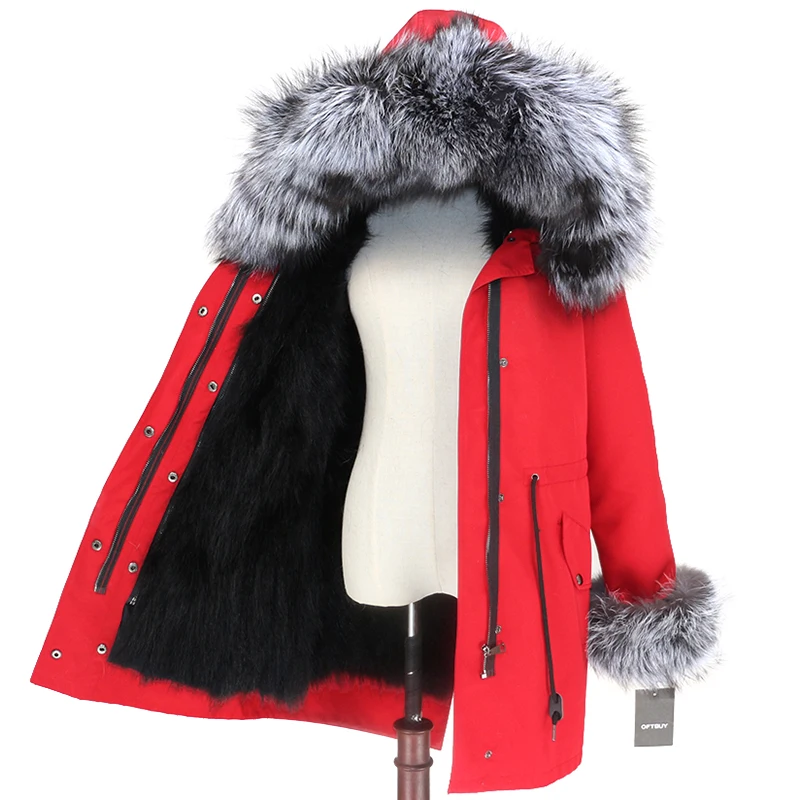 red black silver OFTBUY пальто с натуральным мехом енота, капюшон с манжетами, подкладка из лисьего меха, зимняя куртка, Женская длинная парка, водонепроницаемая верхняя одежда, новинка - Цвет: red black silver
