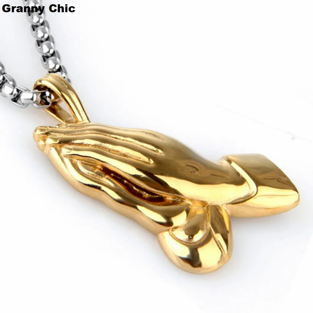 Granny Chic Mens Jewelry Yellow Gold Stainless Steel Prayer Palm Religious Pendant Box Necklace | Украшения и аксессуары