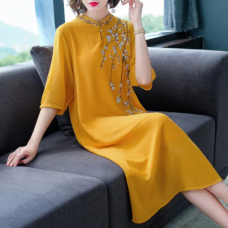 Летнее китайское традиционное платье Cheongsam в стиле ретро с вышивкой 2019 | Женская
