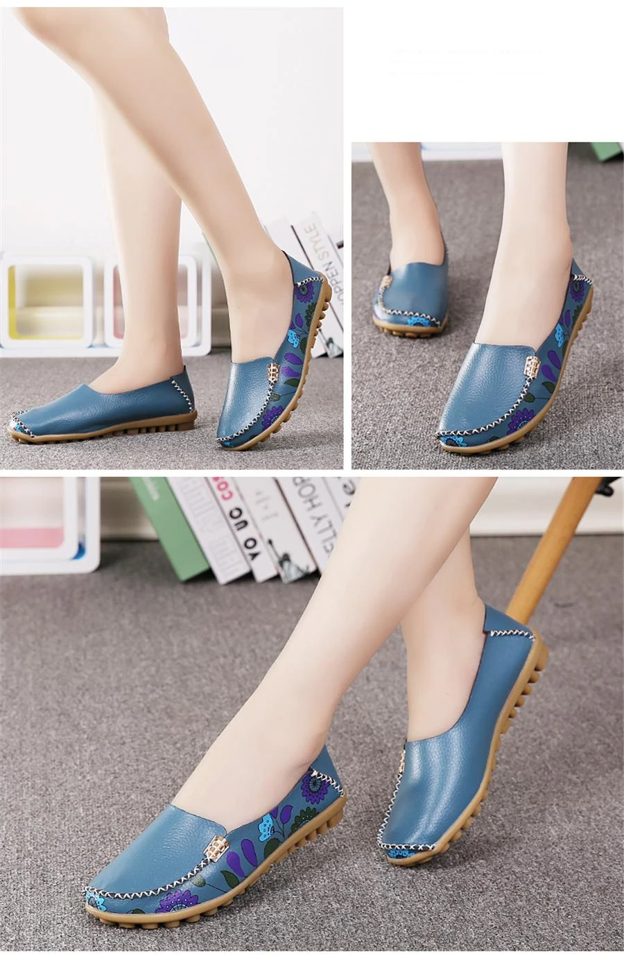 Women Flat Shoes Fashion Ballet Summer Flower Print Women Shoes Genuine Leather Loafers Ladies Shoes Woman Soft Footwear 42