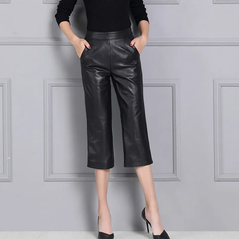 Женские брюки из натуральной кожи с широкими штанинами|Брюки| |
