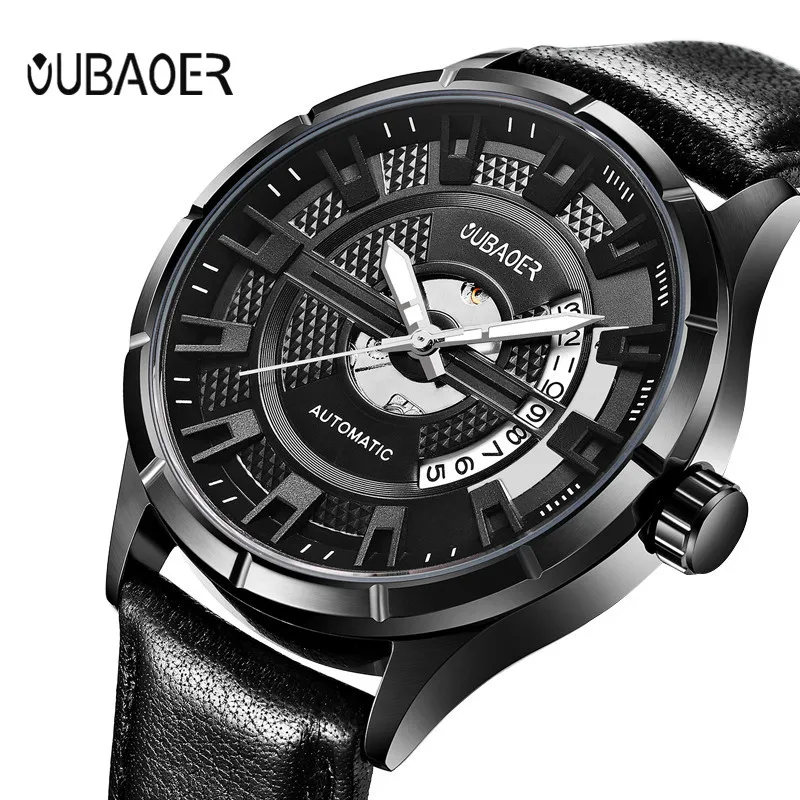 Men's watches OUBAOER automatic mechanical watch leather clock casual business watch top brand sports watch relogio masculino