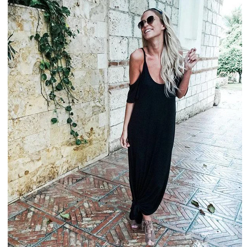 Sexy Boho Long Maxi Dress Women 2018 Summer Cold Shoulder Casual Loose Spaghetti Strap Beach Slit Vestidos | Женская одежда