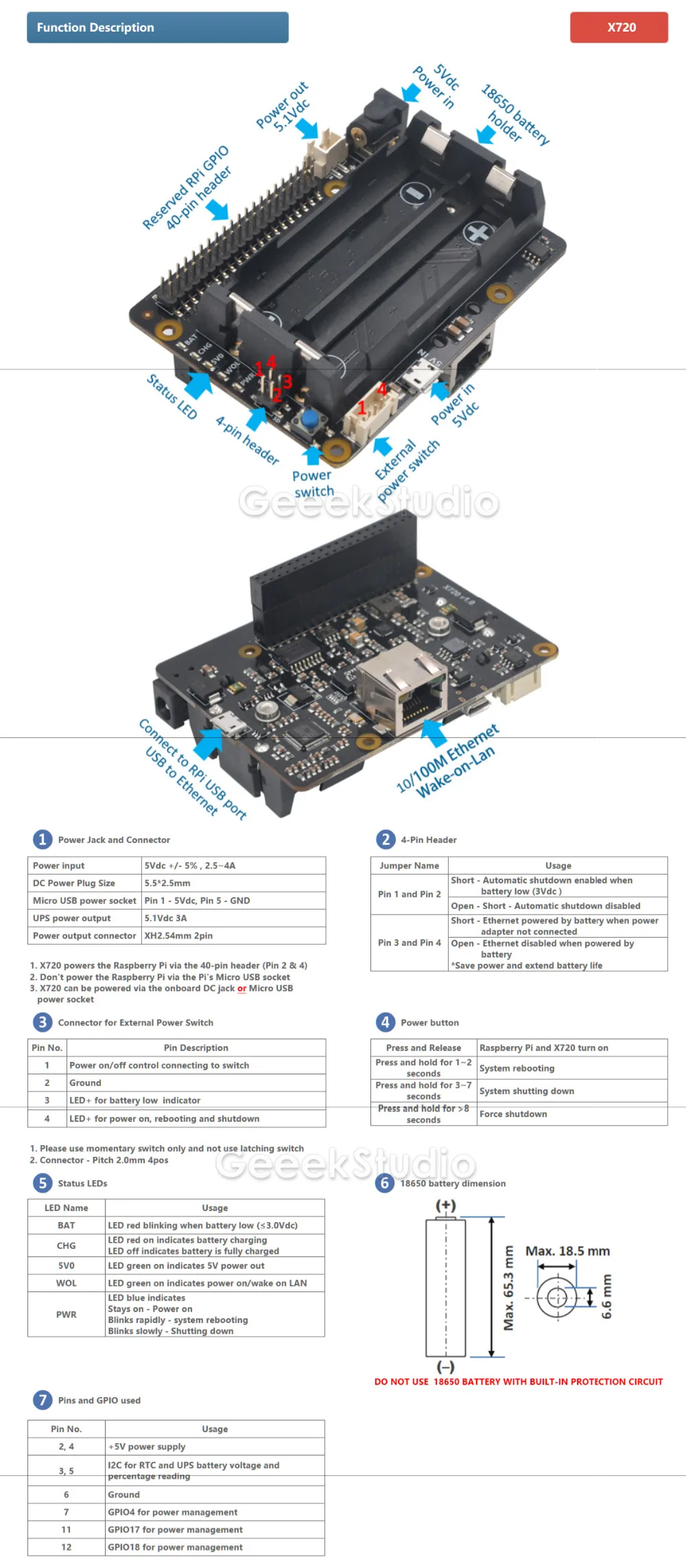 Raspberry Pi X720 UPS управления питанием шапка(18650 мощность)+ безопасное выключение+ подключение к локальной сети плата расширения для Raspberry Pi 3 B+/3B