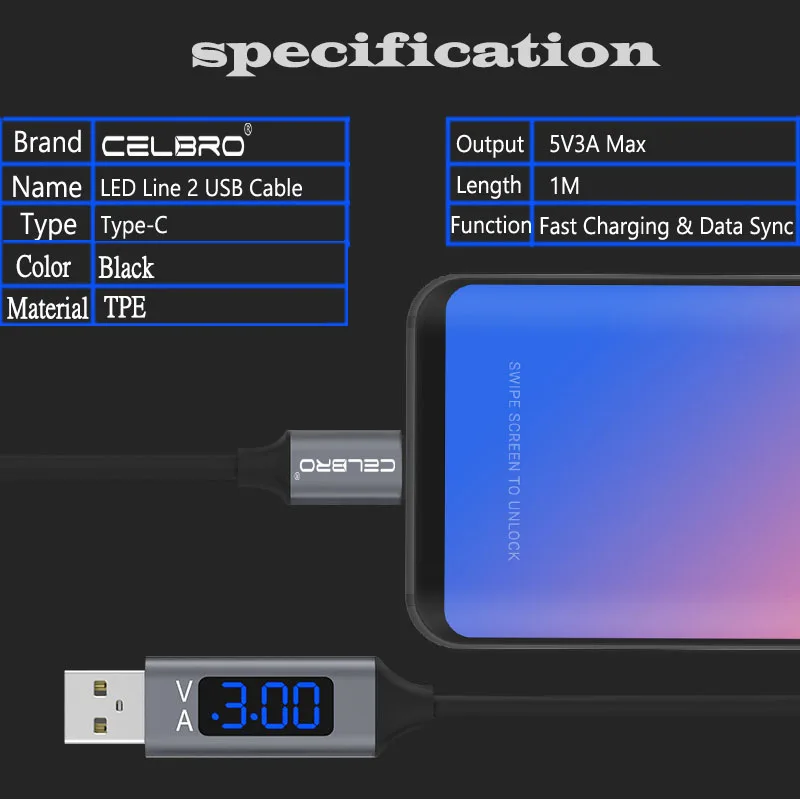 Кабель Usb C для быстрой зарядки со светодиодным индикатором времени и цифровым