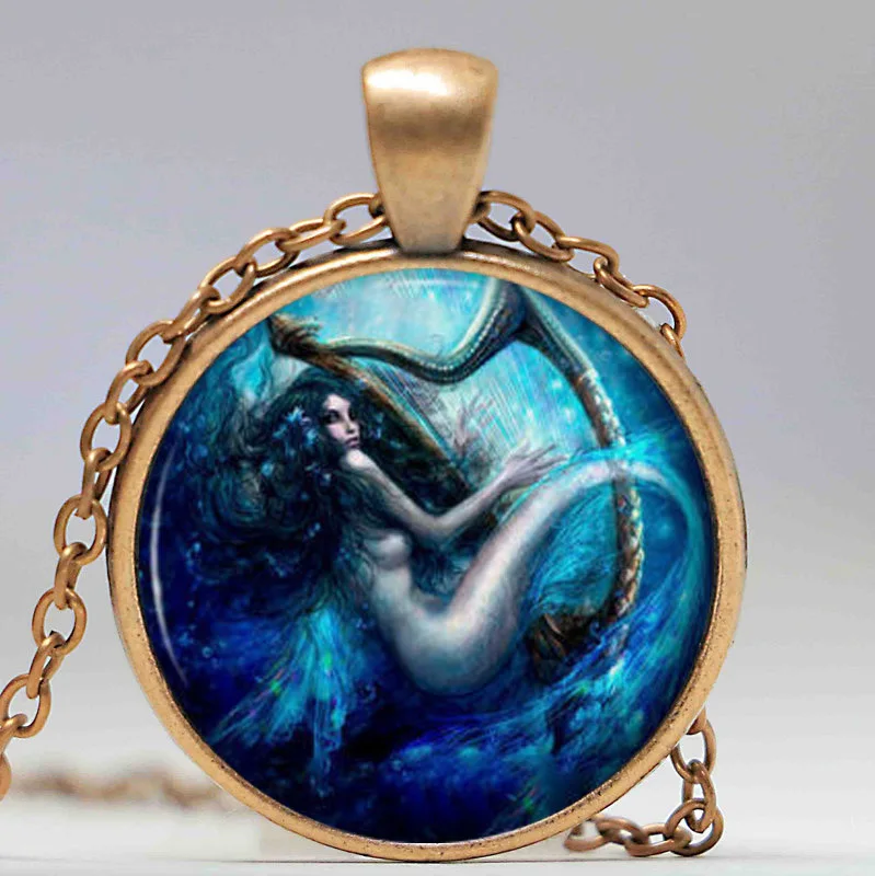 Серебряное ожерелье с подвеской русалкой синяя морская сирена арбузная цепочка