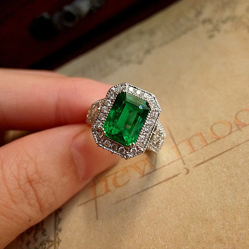 AAA Lab Created колумбийское Твердое 18K Белое Золото 2.7ctw Moissanite Green Emerald Halo Кольцо
